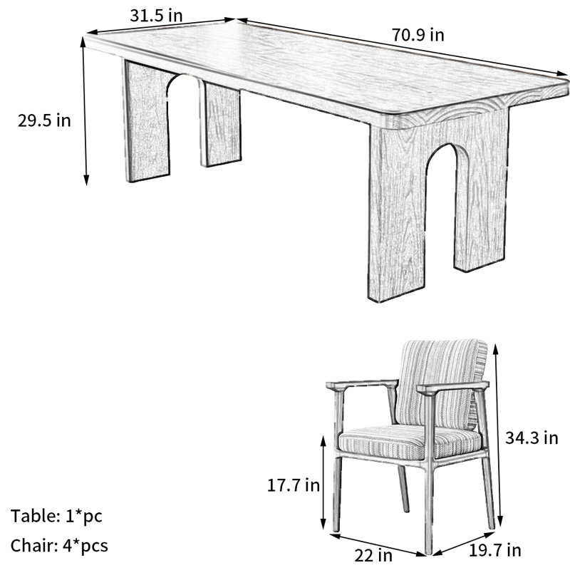 Ensemble de salle à manger Wabi-Sabi, H 29,5 po x L 70,9 po x l 31,5 po