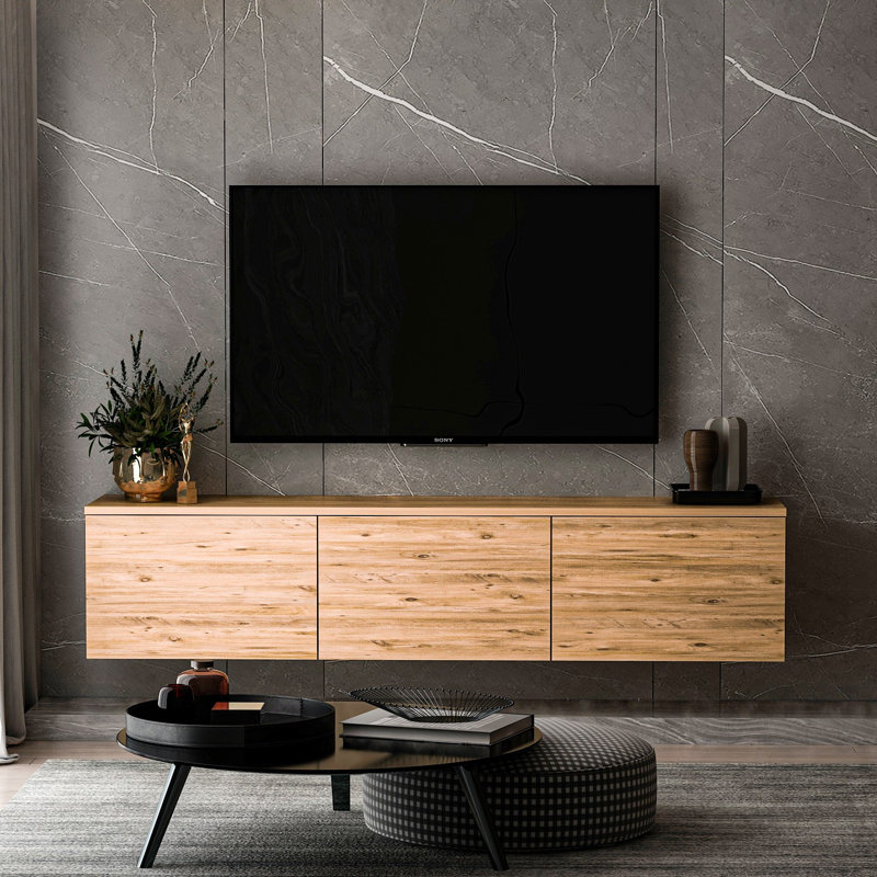 Modern TV Stand with Wall Mount Option, Atlantic Pine, 62.9 x 13.8 x 27.6 inches | 100% Melamine Coated Particle Board, Thick: 0.7 inches | Multiple Shelves, Push to Open Doors, Stylish & Functional Design for Contemporary Living Rooms