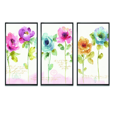 Rainbow Coloured Cottage Roses - Traditional Framed Canvas Wall Art Set Of 3 -  Design Art, FL31155-3P-BK