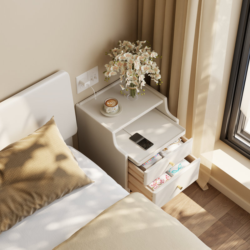 Narrow Solid Wood Nightstand with 2 Drawers, White, 15.74"W
