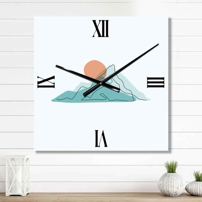 Horloge murale moderne lune rouge sur montagnes bleues abstraites II, Grand