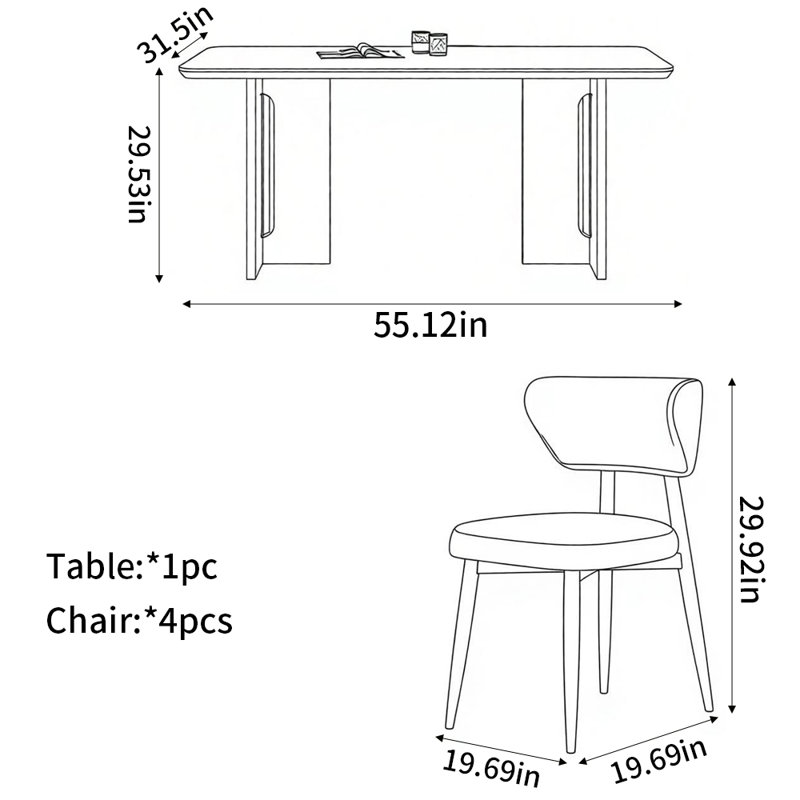 Ensembles de table de salle à manger élégants et élégants, 5 Pieces: Table, 4 Chairs, 29.53" H x 55.12" W x 31.5" D