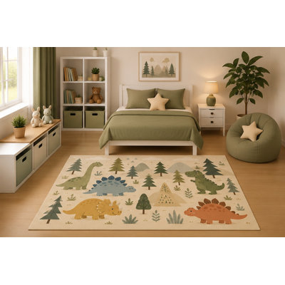 "Ultra Lightweight" 5' x 7' Cute Dinosaur Forest Area Rug Cartoon Prehistoric Safari Nursery Bedroom Playroom Decor for Boys and Girls Kids Room Non-Slip Silicone Backing Low Pile