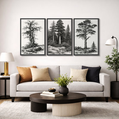 Œuvre d'arbre de forêt rétro, photos de salon rustique, impression sur toile encadrée, 3 pièces