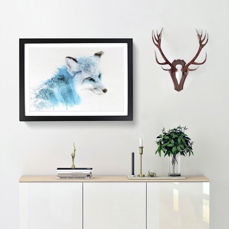 A Blue Fox in Abstract - Picture Frame Painting Print, 48cm H x 65cm W x 2cm D, Black Framed
