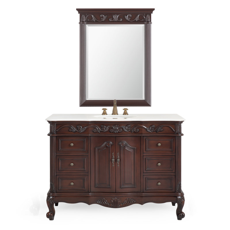 48 inch Traditional Style Cherry Brown Single Sink White Marble Countertop Beckham Bathroom Vanity