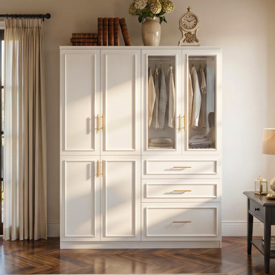 Armoire penderie avec porte vitrée, rangement pour garde-robe modulaire à 3 tiroirs et tringle