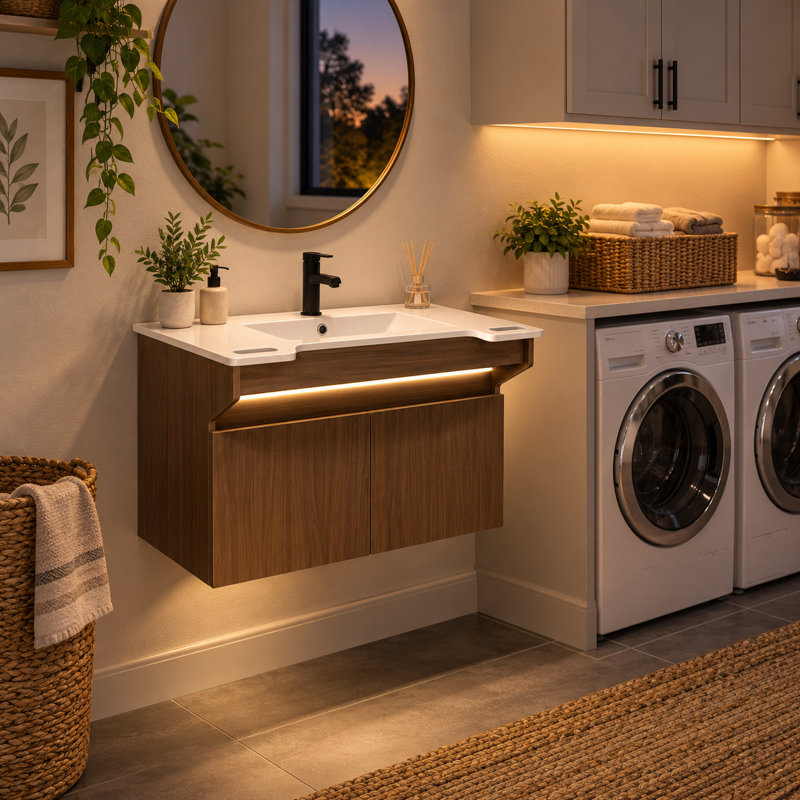 Meuble-lavabo mural en résine 32 po avec lumière à détecteur de mouvement, poignées latérales et conception ADA-compatible