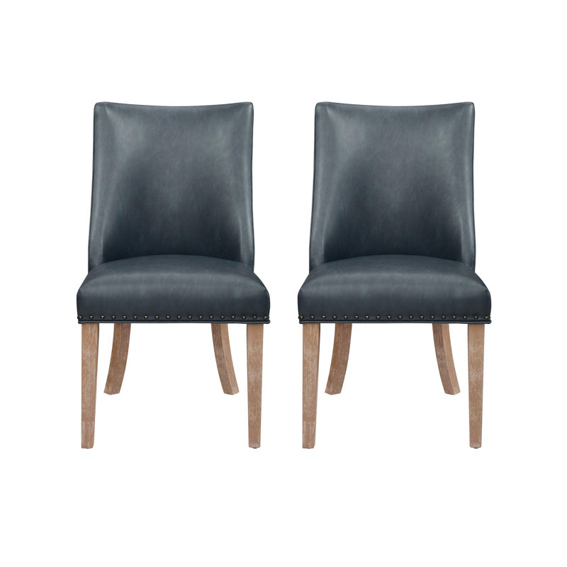 Astrid Side Chair in Navy Faux Leather (Set of 2), Natural Wood, Navy