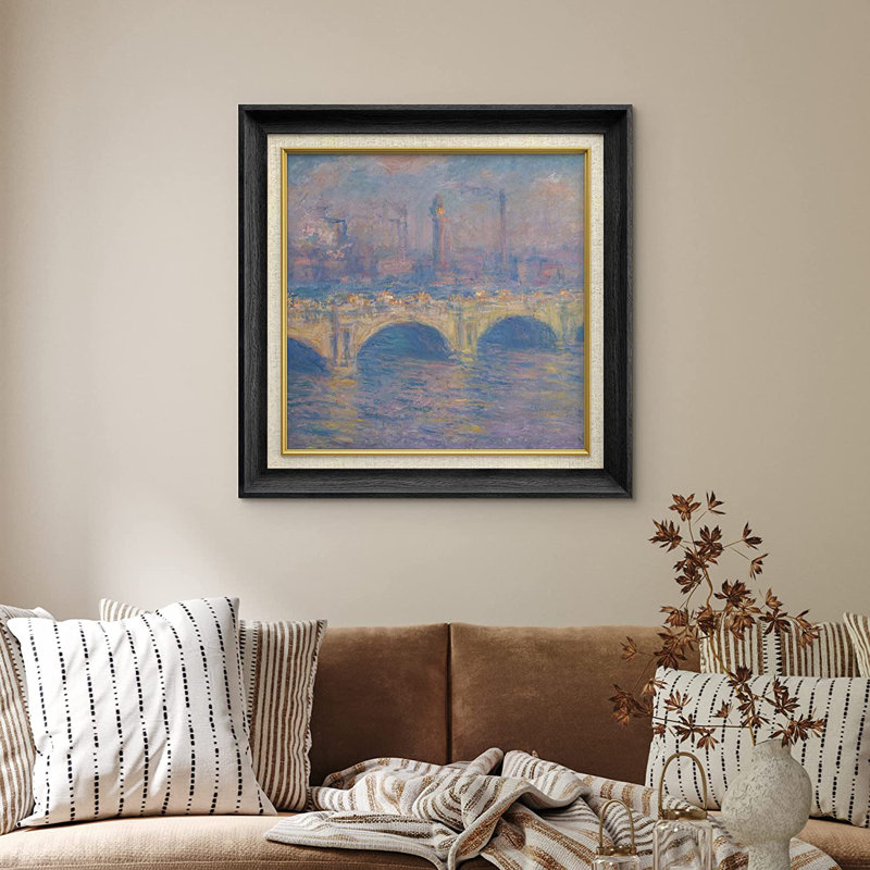 «Waterloo Bridge, Veiled Sun» par Claude Monet - peinture sur toile encadrée, Noir