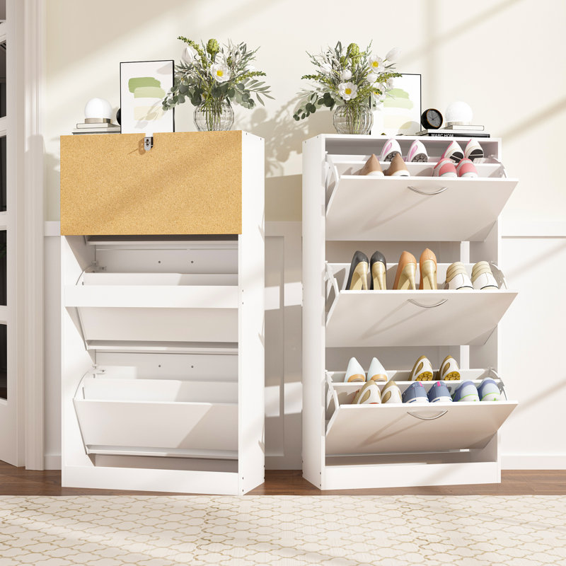 Meuble à chaussures mince de 22,4 po de largeur pour 12 paires, avec 3 tiroirs rabattables et tablettes ajustables, Blanc