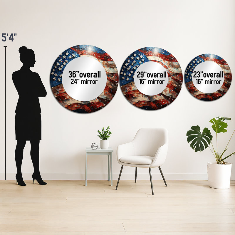 Flag American Flag IV - Flag Usa Large Mirror, Red Round Decorative Wall Mirror, Printed Metal Art, 36" x 36"