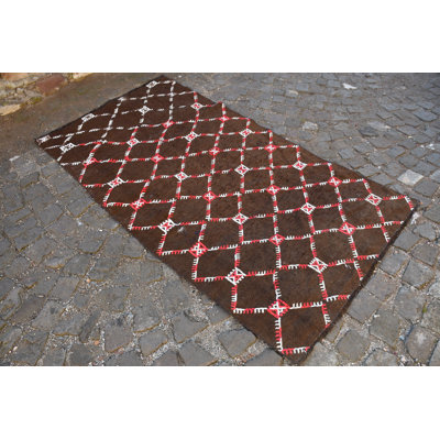 Tapis de couloir kilim en laine fabriqué à la main avec motif géométrique brun brun / blanc