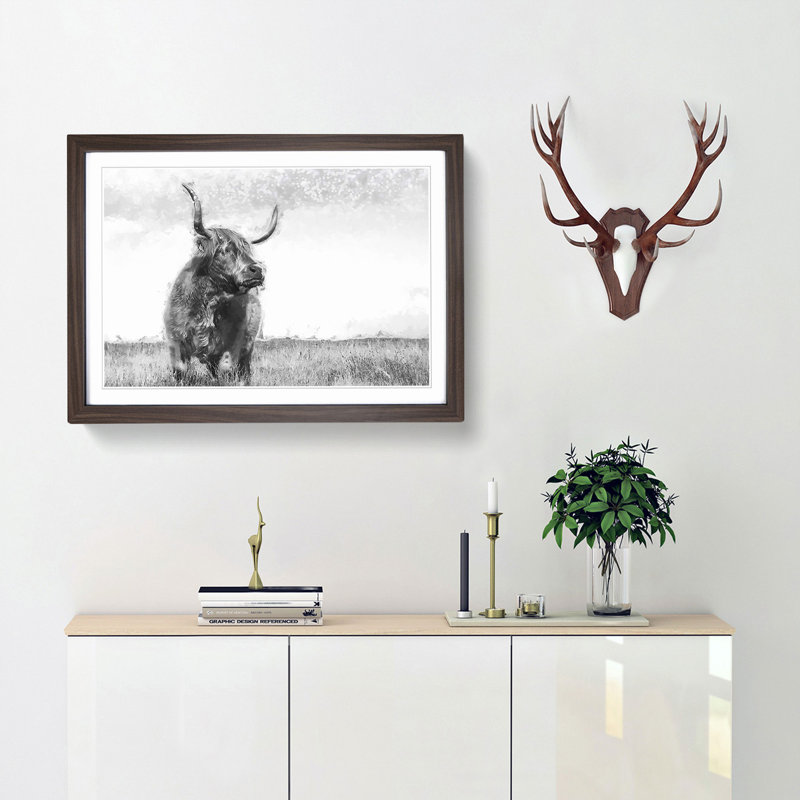 Highland Cow in Abstract - Framed Print, 36cm H x 48cm W x 2cm D, Walnut Framed