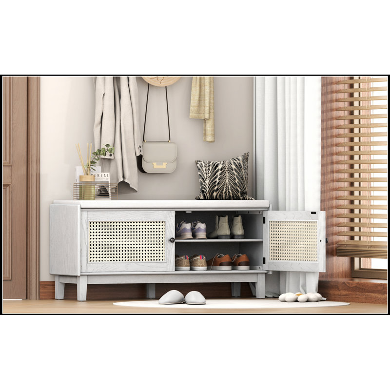 Boho Rattan Entryway Bench With Storage, Cushioned Shoe Bench With Double Doors, Wooden Shoe Organizer For Hallways