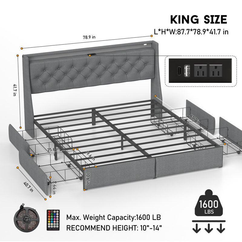 King Size Upholstered Bed Frame with 4 Drawers, Bed with Storage Headboard, Charging Station and LED Lights, King