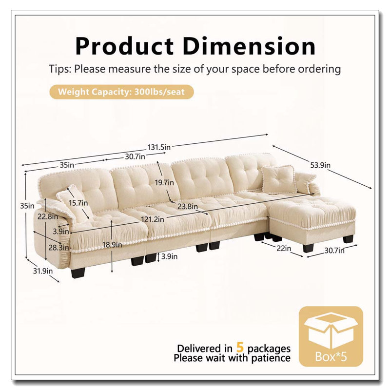 Canapé en L Chenille Cloud avec repose-pieds et 4 coussins, beige crème, 4 places et 1 repose-pieds, Beige