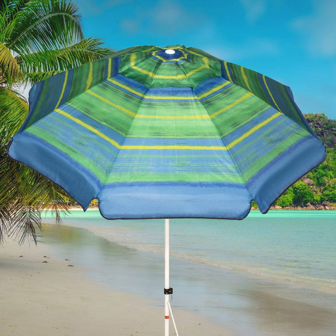 Arlmont & Co. 7Ft Beach Umbrella With Sand Anchor, Sunshade Portable Umbrella With Carry Bag, Uv 50+ Protection, Windproof, Push Button Tilt & Air Vent - Green Stripe Arlmont & Co. Fabric