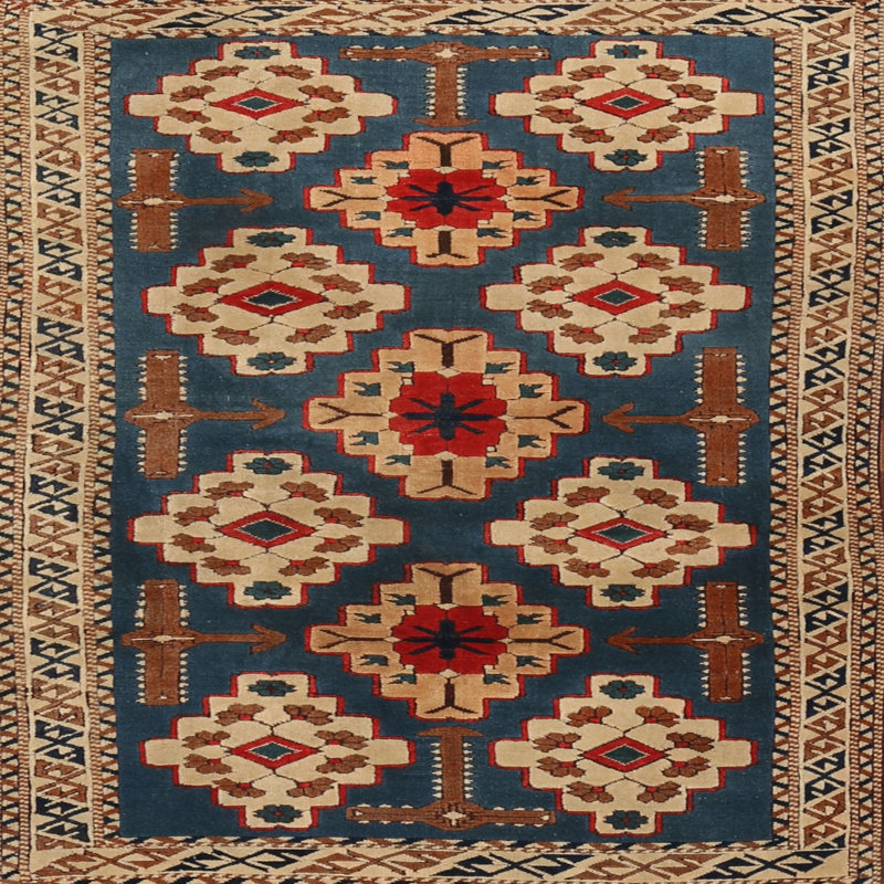 Tapis oriental bleu / ivoire / rouge, Carré 3 pi