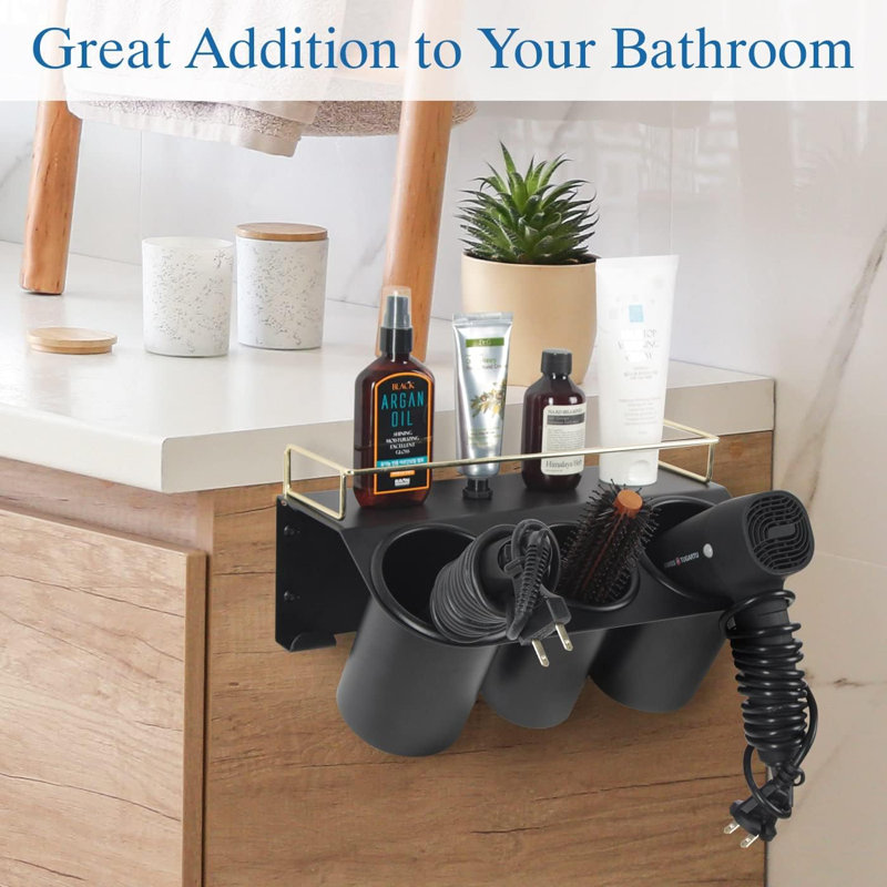 Support de sèche-cheveux pour meuble-lavabo mural, accessoires de coiffure, outils de rangement, 3 tasses, support de rangement avec tablette, acier noir doré - Mk1002a (noir)
