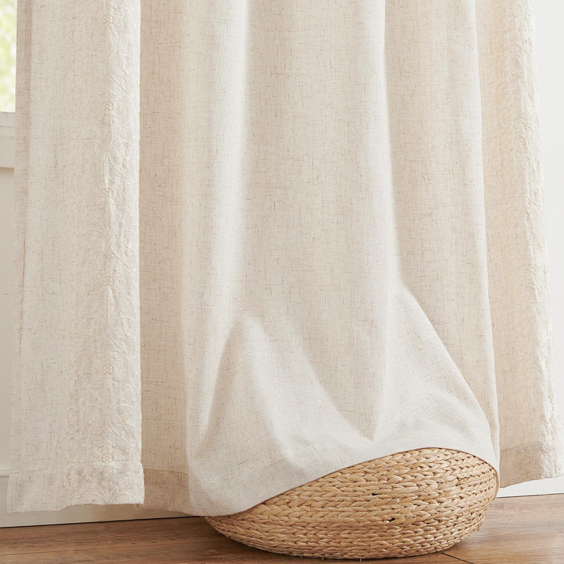 Linen Blend Embroidered Floral Farmhouse Curtains Curtains for Bedroom, 54" W x 96" L, Beige