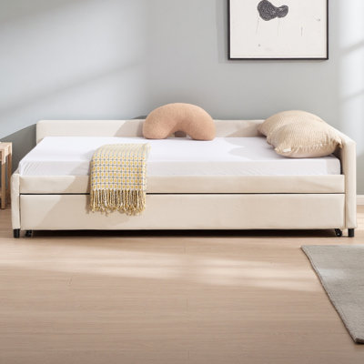 Lit de jour rembourré avec lit gigogne, structure de lit en bois robuste, conception de grille de diamant moderne, pour chambre à coucher, chambre d'amis