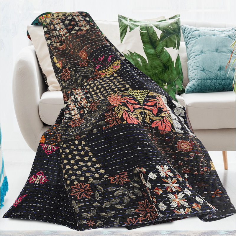 Jeté en coton Advika fait à la main Kantha, Noir