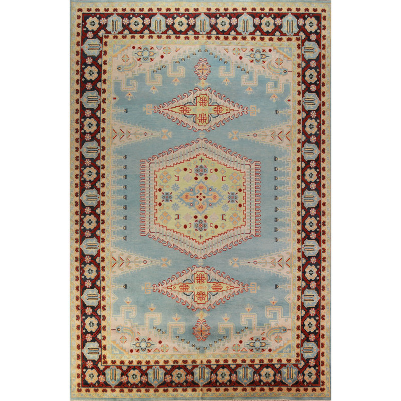 Grand tapis oriental géométrique bleu clair clair 10 x 14
