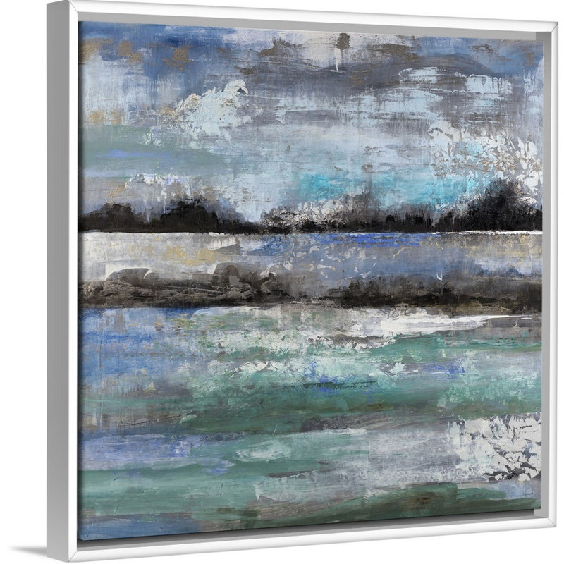 « lake ile », peinture sur toile, H 21,7 po x l 21,7 po x P 1,75 po, Cadre flottant blanc