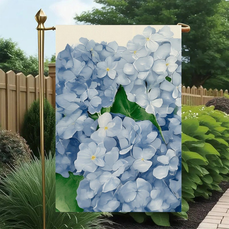 Peinture à l'huile bleu clair hortensia 12 x 18 pouces drapeau de jardin double face
