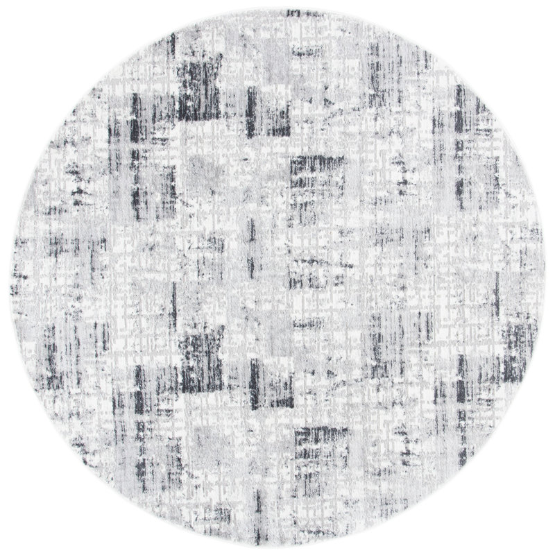 Tapis gris / noir à motif abstrait Zaid, Rond 6 pi 7 po