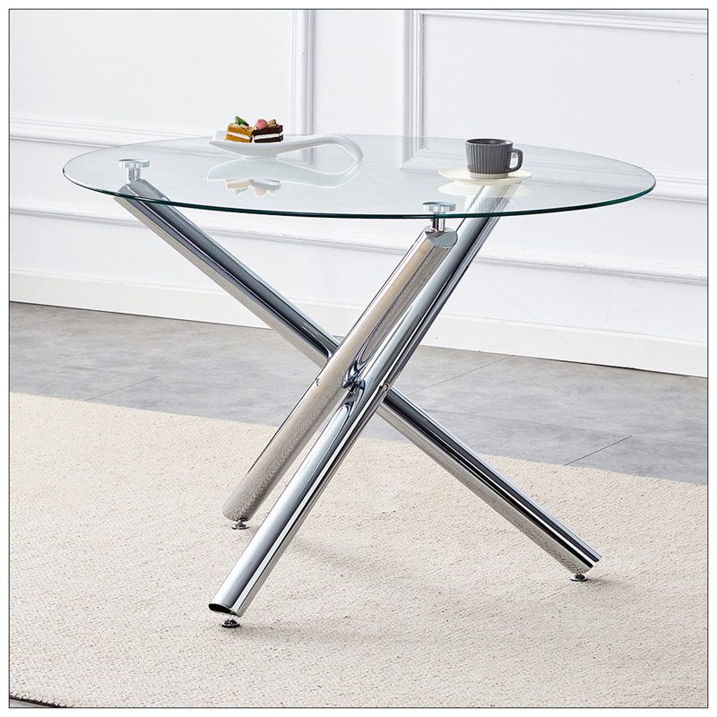 Table ronde en verre de 42 pouces. Choix moderne et simple: une table ronde en verre avec trois pieds de table en métal argentés entrecoupés vous donne une élégance intemporelle.