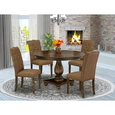 5 Piece Kitchen Table & Chairs Set Includes a Round Dining Table with Pedestal and 4 Brown Linen Fabric Parson Chairs, Distressed Jacobean