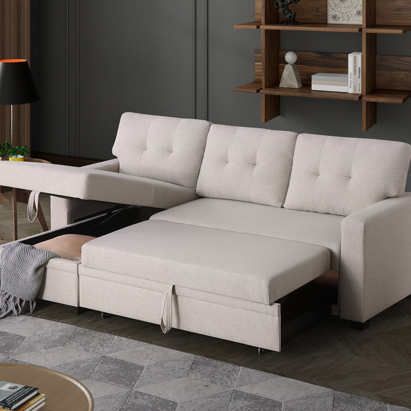 Canapé modulaire convertible rembourré avec méridienne coulissante, Lin beige, Orienté à gauche (vu de face)