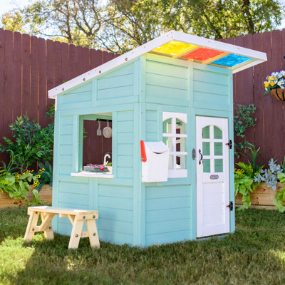 Teamson Kids Wooden Playhouse Wendy House with Rainbow Shade, Kitchen, Flower Box & Bench, Mint