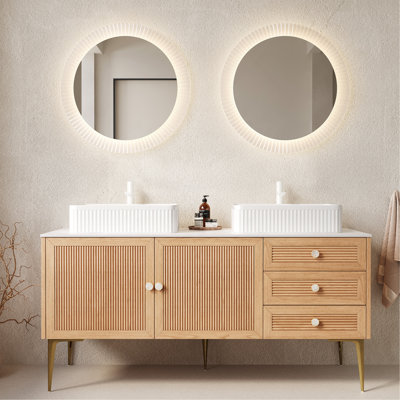 60" Bathroom Vanity with Sinks, Freestanding Plywood Storage Cabinet with 4 Metal Legs, 2 Door and 3 Drawers, 2 White Rectangular Ceramic Basins, No Faucet, Pre-assembled Oak