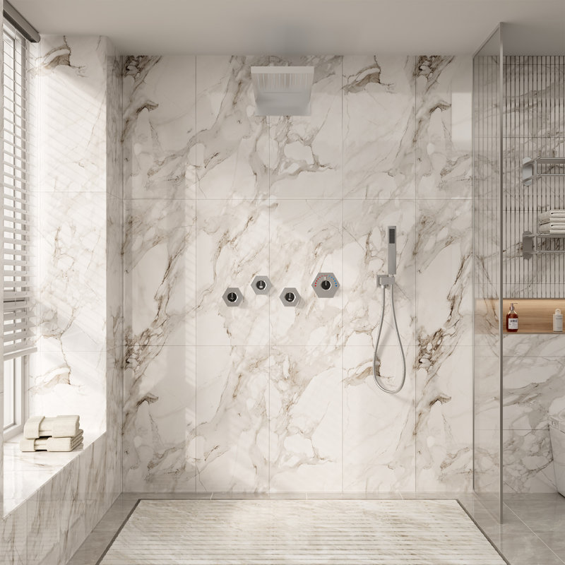 22" Wall-Mount LED Bluetooth Music Thermostatic Rainfall Complete Shower System with Rough in-Valve, Brushed Nickel