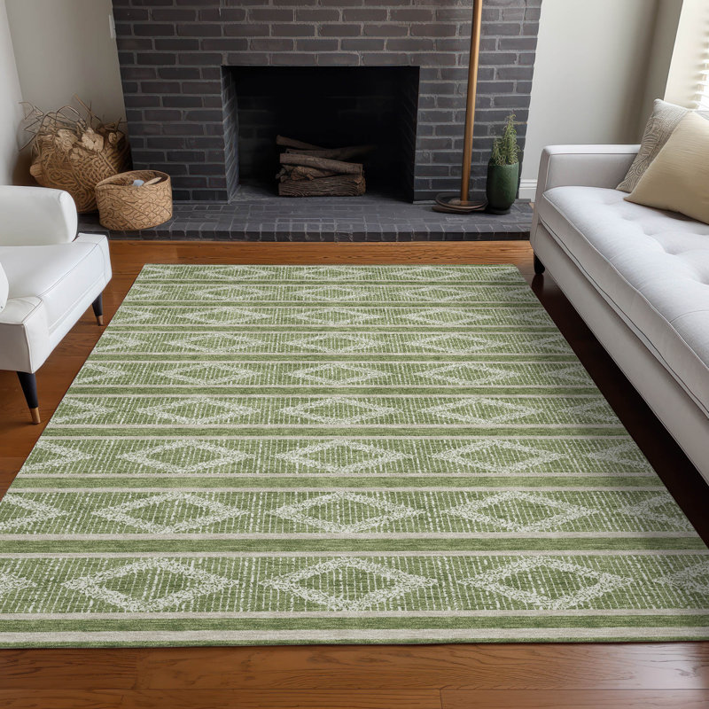 Green Diamond Pattern Washable Synthetic Area Rug