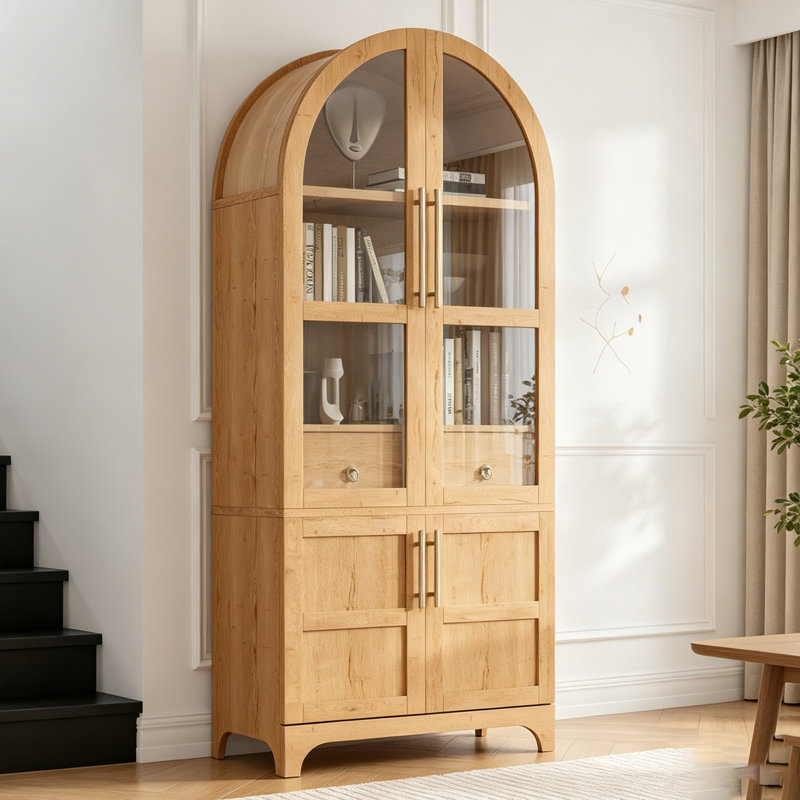 Grand garde-manger arqué avec tablettes réglables, tiroir caché et porte vitrée pour un rangement élégant, Naturel