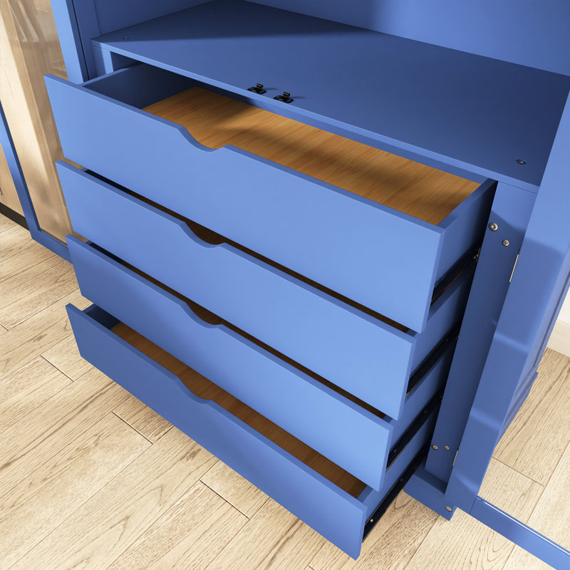 Garde-manger 75 po avec 4 tiroirs intégrés, porte vitrée, Bleu