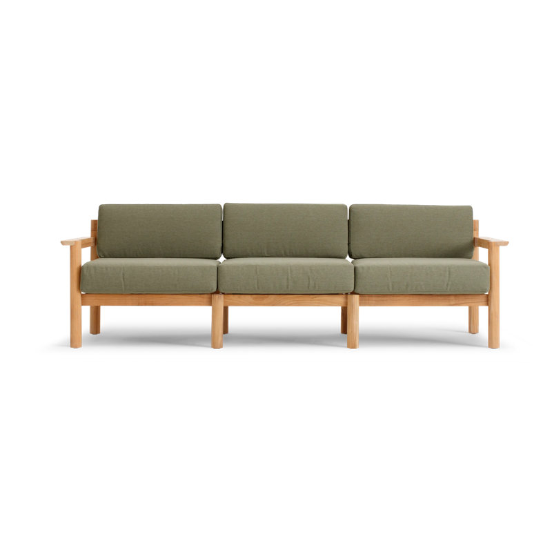 Haven Teak Outdoor Sofa With Sunbrella Cushions And Wooden Armrest In Canvas, Sunbrella Leaf