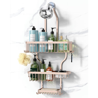 Rustproof Shower Caddy Organizer - Aluminum Alloy Over The Shower Head Storage With 3 Baskets & 10 Hooks - Sturdy Bathroom Shelf For Shampoo, Soap, Razors & More