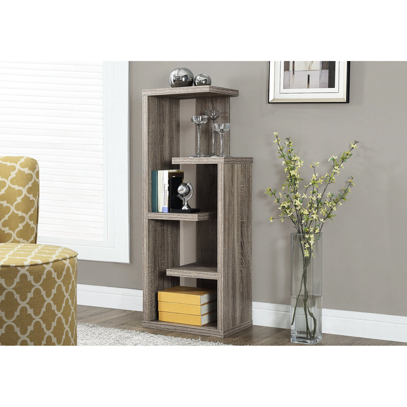 Bibliothèque moderne, entrée à 4 niveaux pour la chambre à coucher, stratifié brun aspect bois taupe, chambre de bureau, bibliothèque