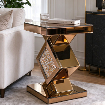 Table de bout à miroir en diamant écrasé, petite table basse d'appoint en miroir à cadre brun, table de chevet à miroir incrusté de cristal scintillant glamour pour le salon, la chambre et la décoration intérieure