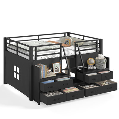 Full Low Loft Bed with Multi-Storage Spaces, Including Fabric Drawers, Fabric Shelves Beside the Bed, Storage Stairs, Metal Loft Bed with Lights and Ample Under-bed Spaces, Black
