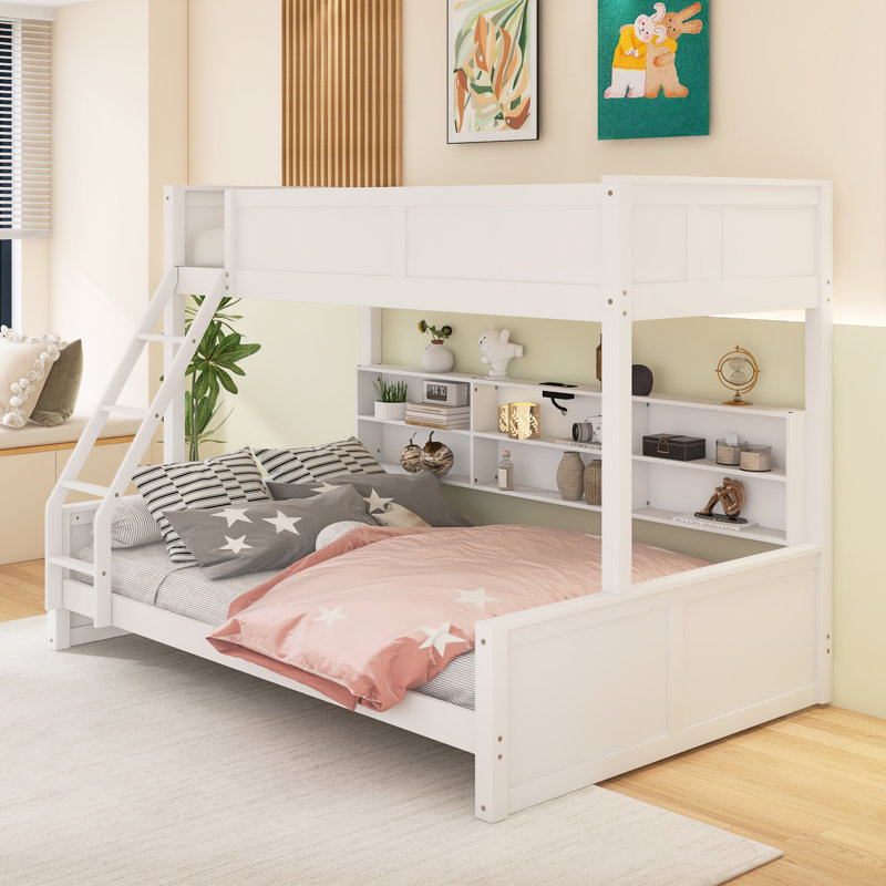 Lit simple superposé au-dessus de grand lit simple avec armoires de rangement et ports USB, Jumeaux sur complet, Blanc