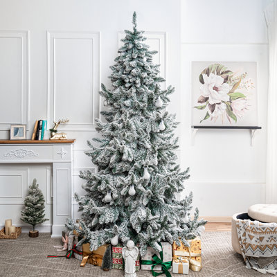 Snow Flocked Prelit Artificial Christmas Tree Metal Stand – Realistic Frosted Alaskan Christmas Tree, 51" Wide, Available in 6.5 ft and 7.5 ft Sizes for Elegant Holiday Décor with 460 Warm Lights, 1267 Branch Tips