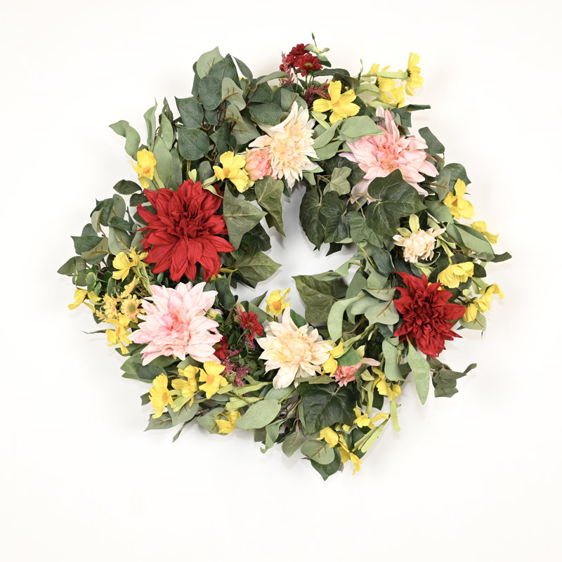 Couronne de fleurs artificielle 24 "printemps été fleur de grappe de fleurs de dahlia pour porte d'entrée