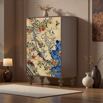 Armoire de rangement en bois massif à 5 tiroirs Floral Bird