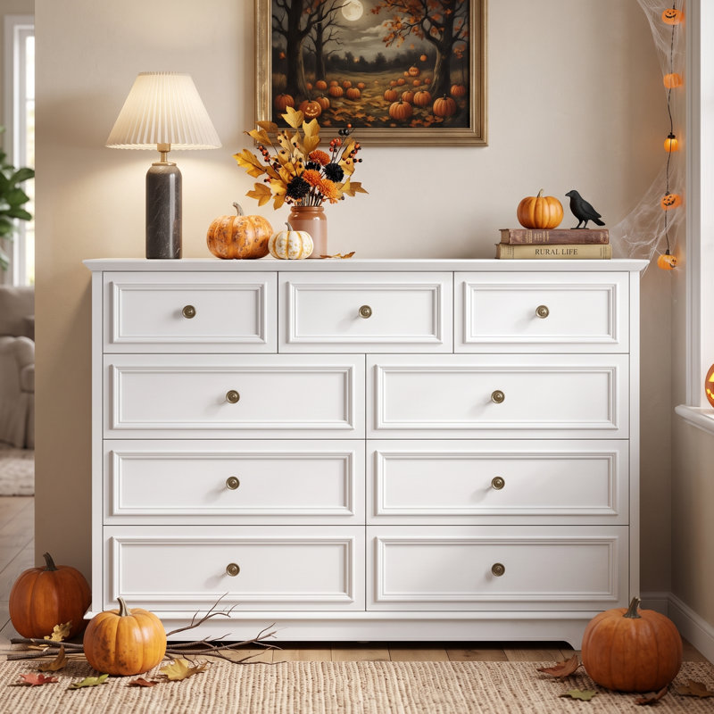 Valera 9-Drawer Dresser, Vintage Wide Storage Chest With Antique Bronze Handles, White